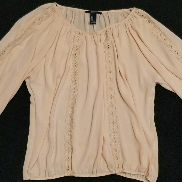 NWOT Flowy Peach Pink Blouse F21 lace ribbon trim - Picture 1 of 2